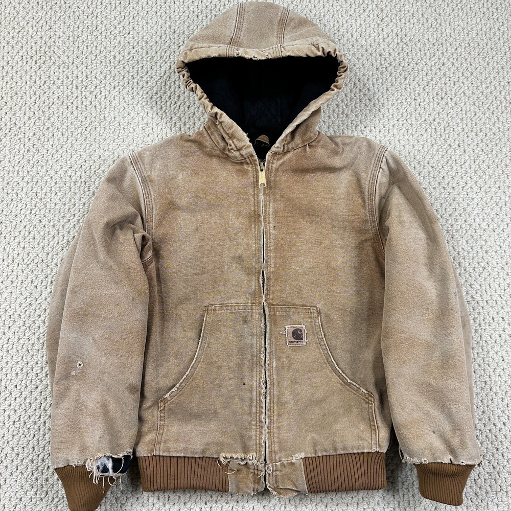 Thrashed Carhartt Jacket Youth L (10-12) Brown Duck Canvas Hooded Chore Utility